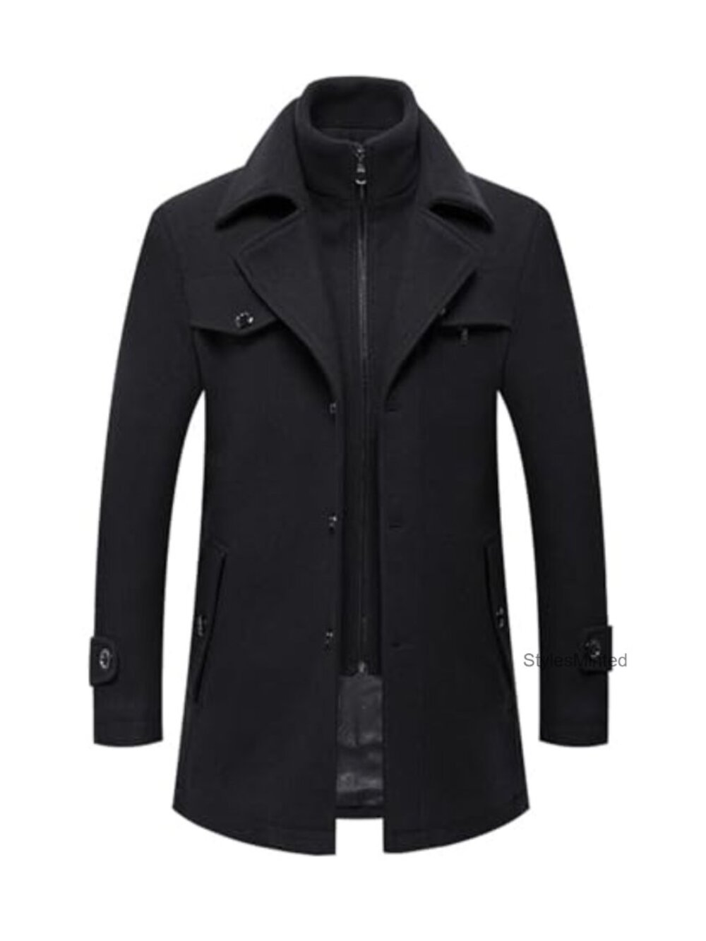 Men's Wool Blend Pea Coat Single Breasted Removable Collar
